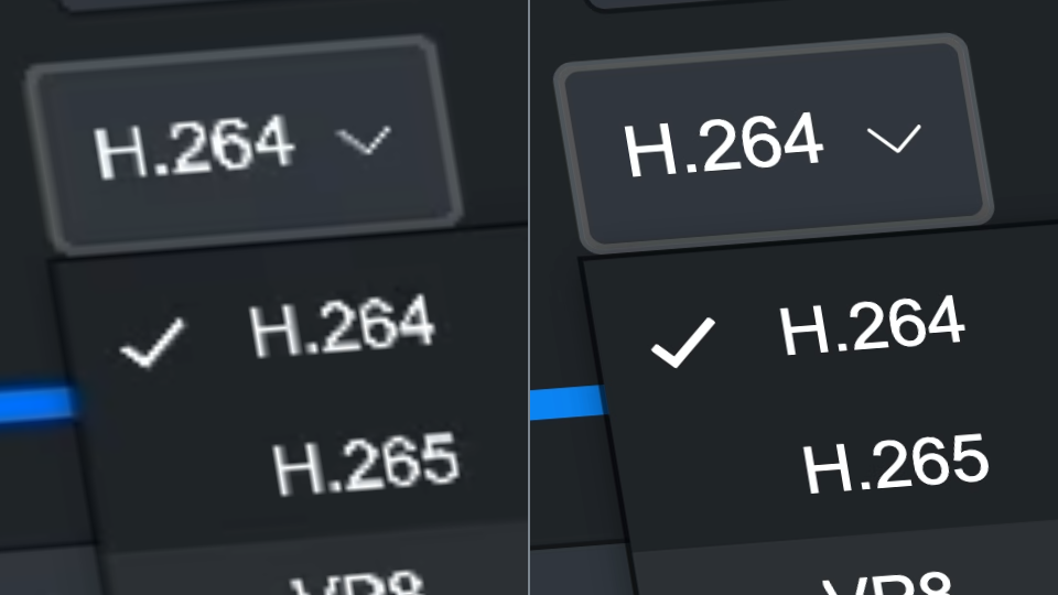 Comparison of a recompressed 1× screen recording and the same dropdown captured at 5× with Canvas Capture